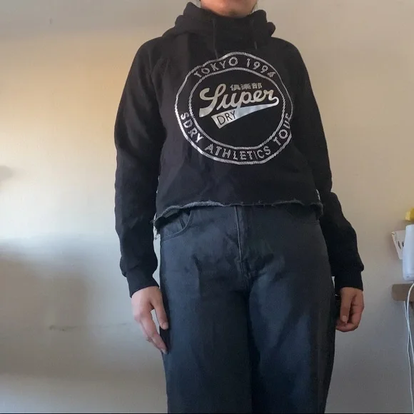 SUPERDRY Black Turtleneck Cropped Hoodie - Picture 1 of 7